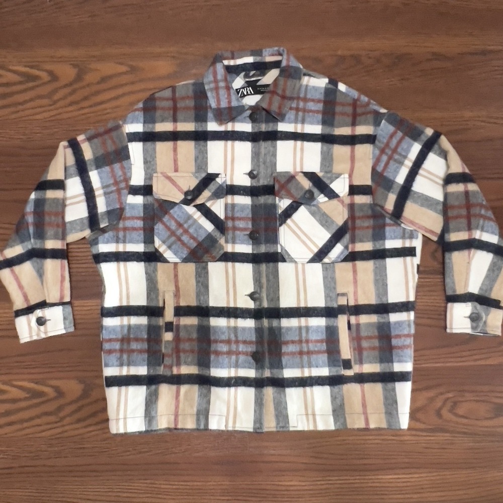 Zara Plaid Shacket Women Medium Tan Blue White Good Oversized Button Down Jacket